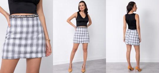 Saia Xadrez Cinza com Prolas na Cintura