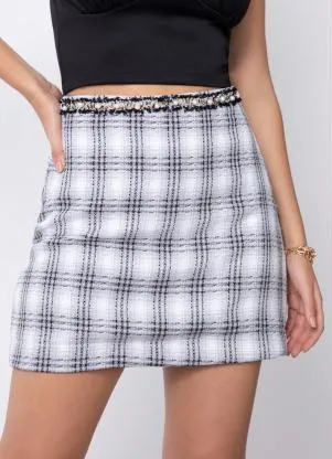 Quintess - Saia Xadrez Cinza com Pérolas na Cintura - QUINTESS