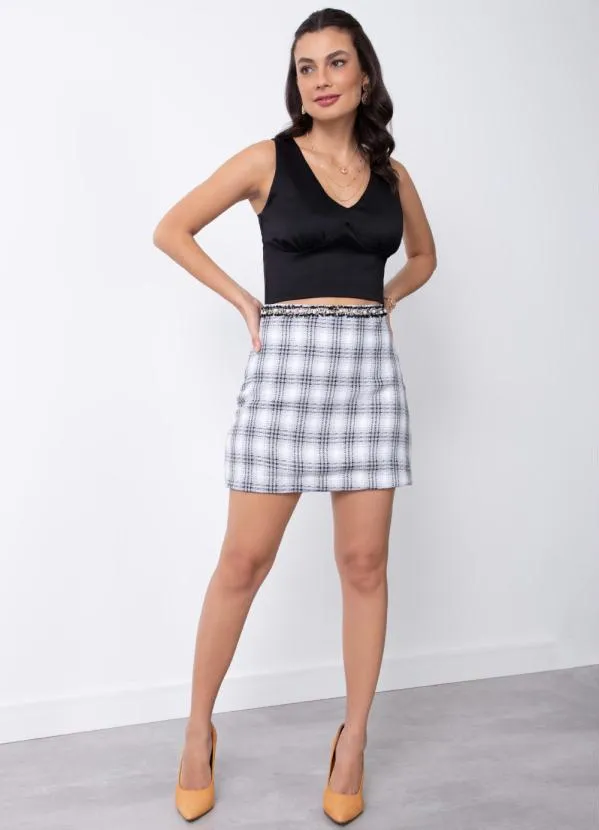 Quintess - Saia Xadrez Cinza com Pérolas na Cintura 2
