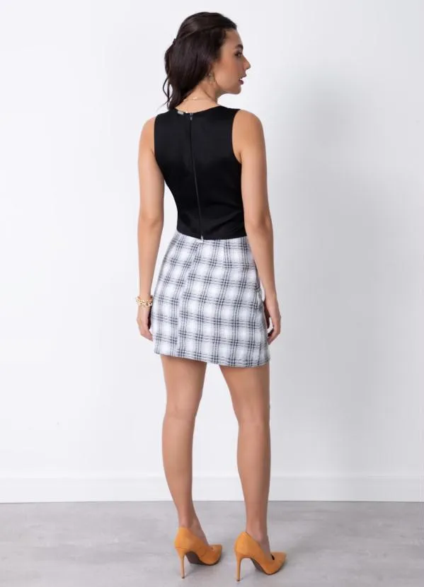 Quintess - Saia Xadrez Cinza com Pérolas na Cintura 3