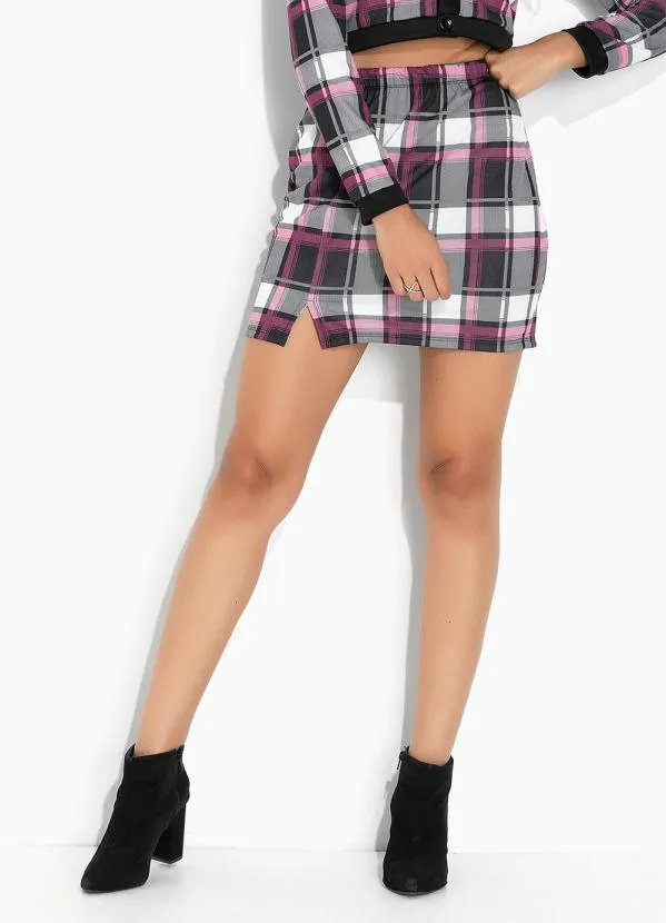 Moda Pop - Saia Xadrez Rosa com Recorte e Fenda Frontal 3