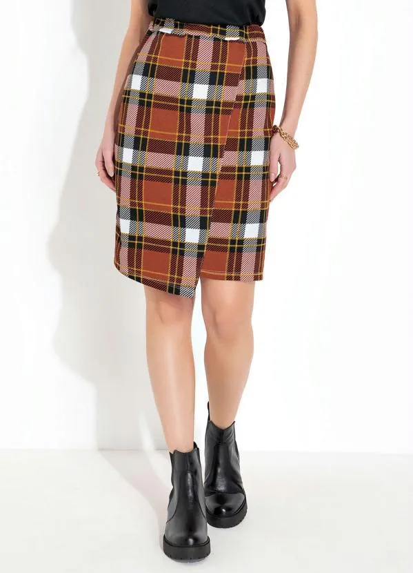 Moda Pop Saia Xadrez Terracota Justa e Assimétrica