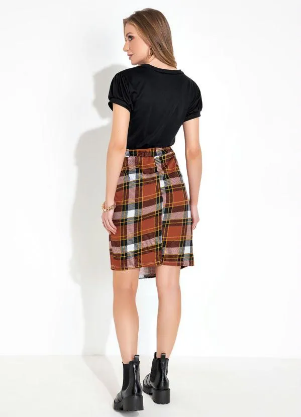 Moda Pop - Saia Xadrez Terracota Justa e Assimétrica 5