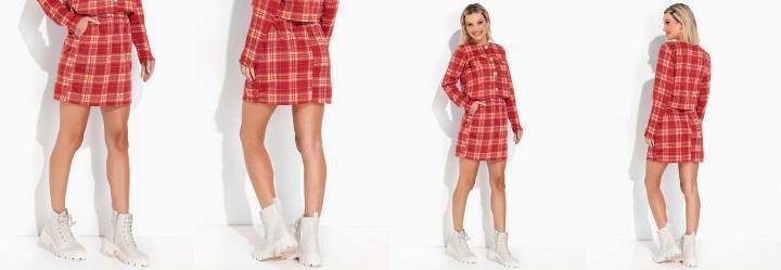 Saia Xadrez Vermelho com Bolsos Funcionais