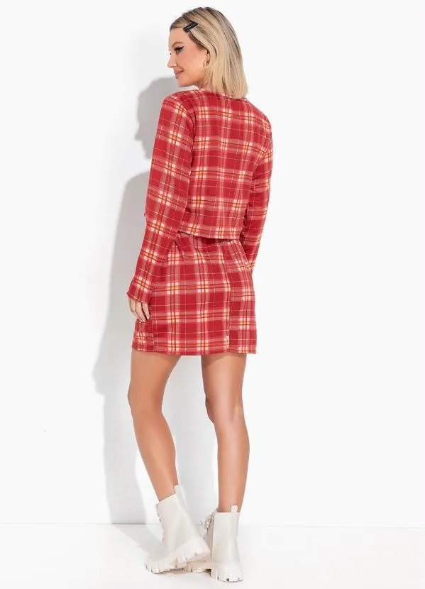 Moda Pop - Saia Xadrez Vermelho com Bolsos Funcionais 4