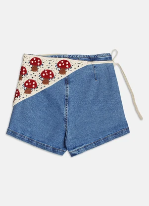 Authoria - Short Jeans com Bandana em Crochê Azul - AUTHORIA