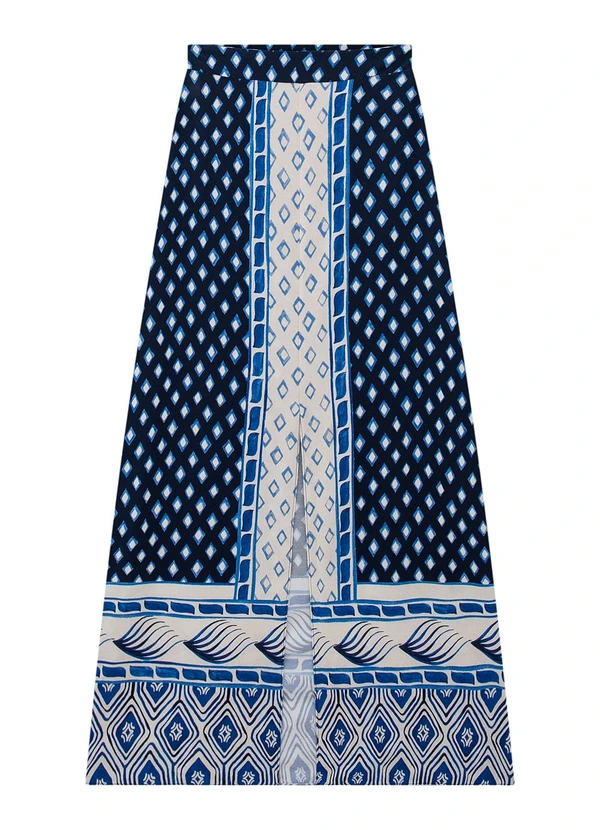 Enfim - Saia Azul Marinho Longa Evasê Paisley