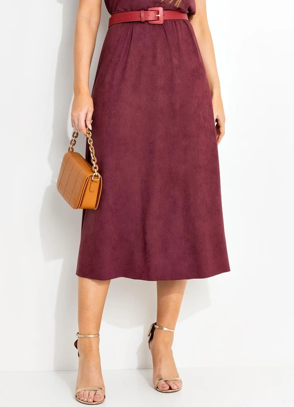 Quintess - Saia Midi Evasê em Malha Suede Bordô com Elástico na Cintura 7