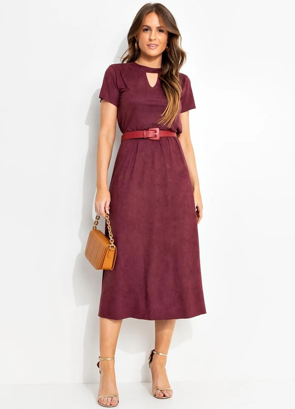 Quintess - Saia Midi Evasê em Malha Suede Bordô com Elástico na Cintura 8