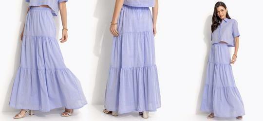 Saia Camadas Azul Claro em Tricoline