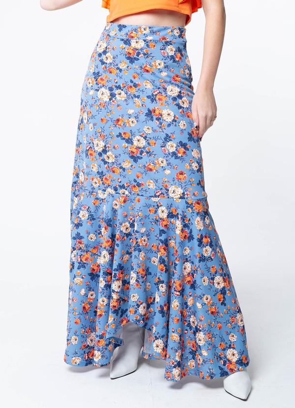 Misiss - Saia com Babado Sobreposto Sara Floral Azul