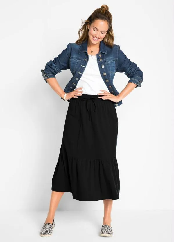 bonprix - Saia com Cordão e Babado Preto 3