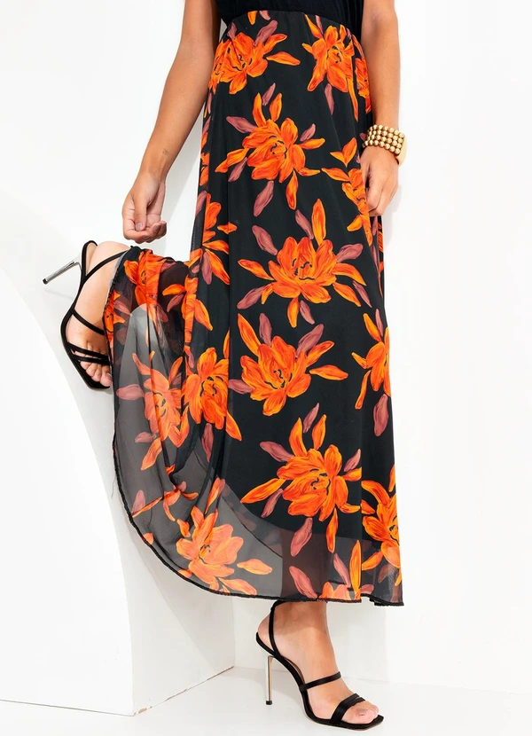 Quintess - Saia Floral Laranja em Tule