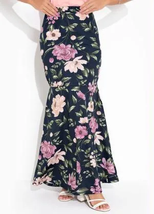 Queima Estoque - Saia Floral MarinhoCom Peplum Moda Evangélica - QUEIMA ESTOQUE