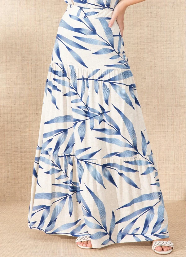 Quintess - Saia Folhagem Azul Longa de Camadas