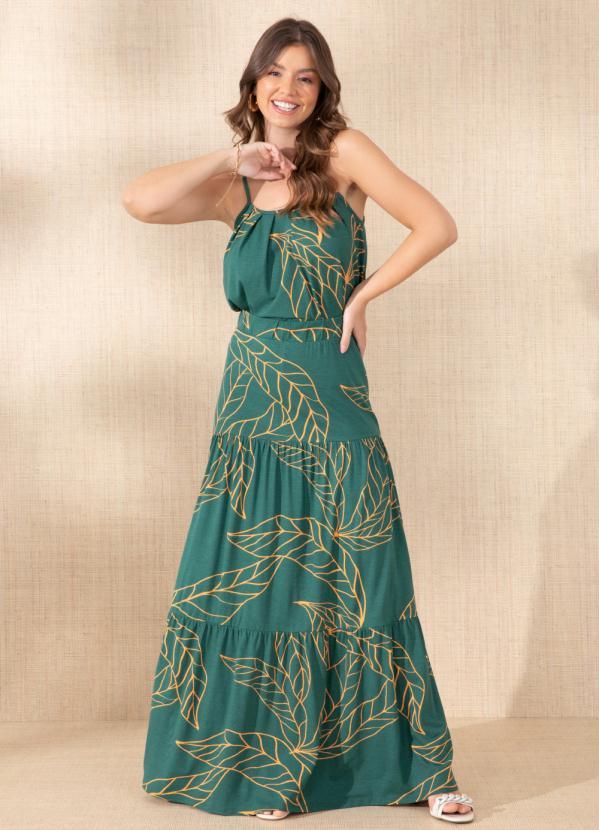 Quintess - Saia Folhagem Verde Longa de Camadas 3