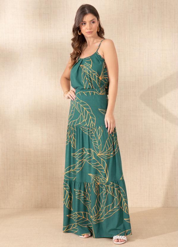 Quintess - Saia Folhagem Verde Longa de Camadas 5