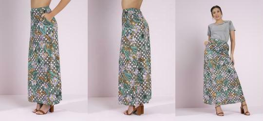 Saia Folhas Cinza com Bolsos Moda Evanglica