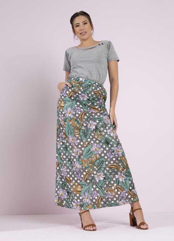 Outlet - Saia Folhas Cinza com Bolsos Moda Evangélica 3