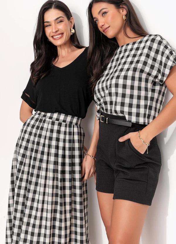 Quintess - Saia Godê Vichy Preto de Poliéster com Elastano. 3