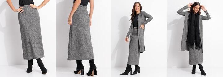 Saia Midi Reta em Malha Tric� Canelada com El�stico na Cintura