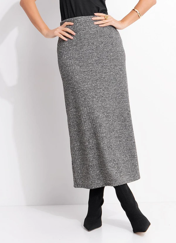 Quintess - Saia Midi Reta em Malha Tricô Canelada com Elástico na Cintura 1