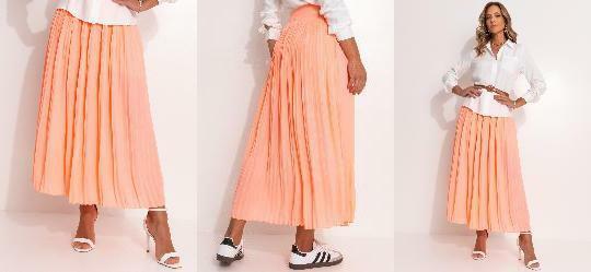 Saia Laranja Neon Plissada com Zper