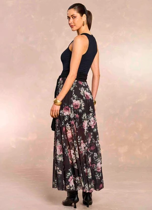 Doce Trama - Saia Longa Aquarela Rose em Tule Estampado - DOCE TRAMA