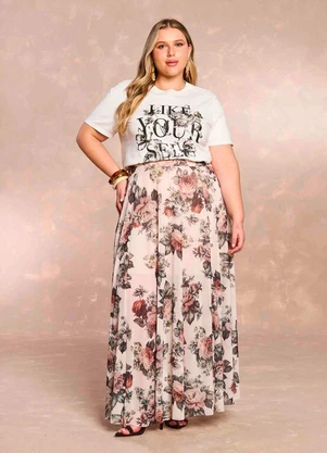 Doce Trama - Saia Longa Aquarela Rose em Tule Estampado - DOCE TRAMA