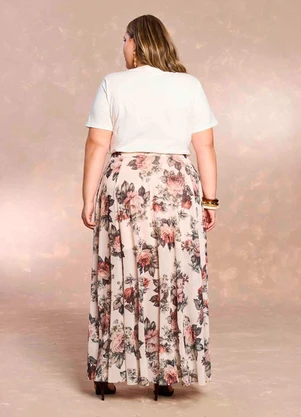 Doce Trama - Saia Longa Aquarela Rose em Tule Estampado - DOCE TRAMA