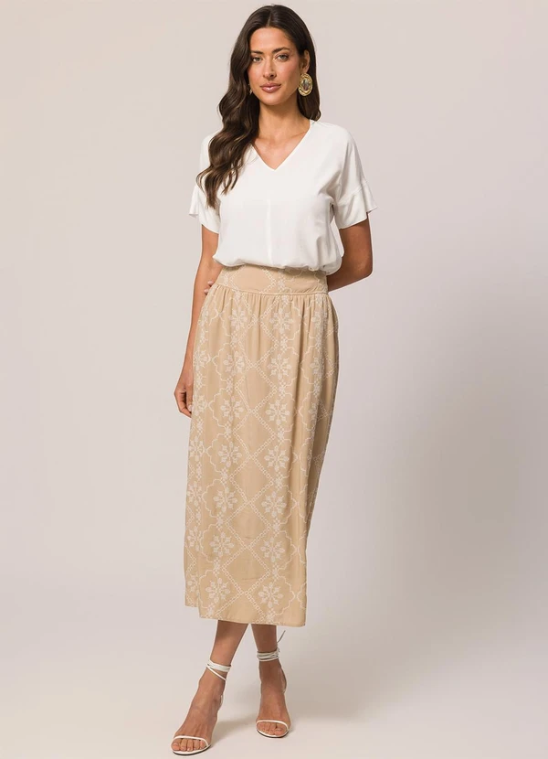 Doce Trama - Saia Longa Bordada em Viscose Bege 3