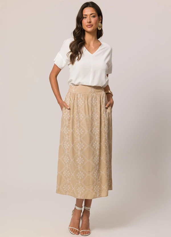 Doce Trama - Saia Longa Bordada em Viscose Bege 5