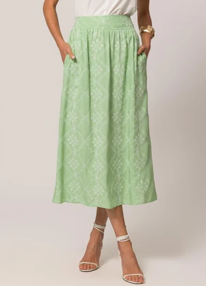 Doce Trama - Saia Longa Bordada em Viscose Verde - DOCE TRAMA