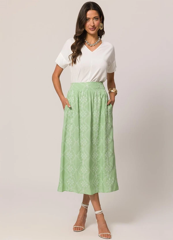 Doce Trama - Saia Longa Bordada em Viscose Verde 5