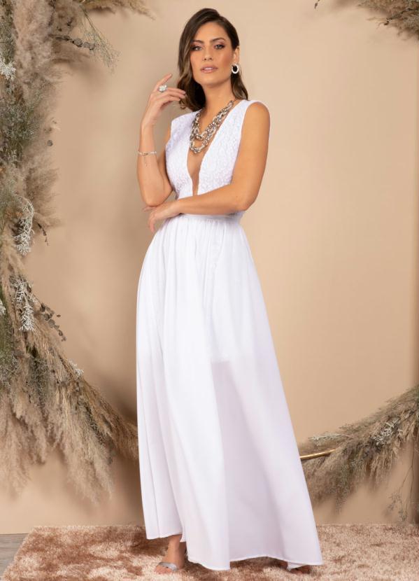 Quintess - Saia Longa Branca Evasê com Abertura 5