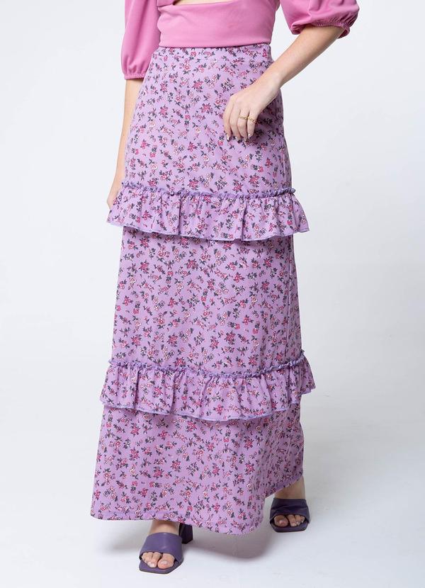 Misiss - Saia Longa com Babados Betina Floral Roxo