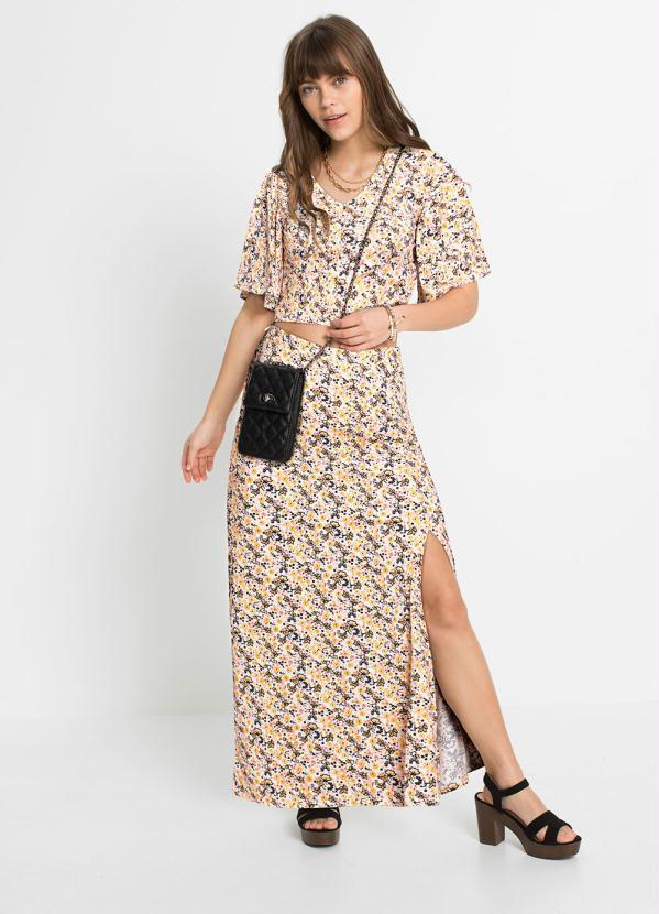 Outlet - Saia Longa com Fenda Floral Rosa/Laranja 3