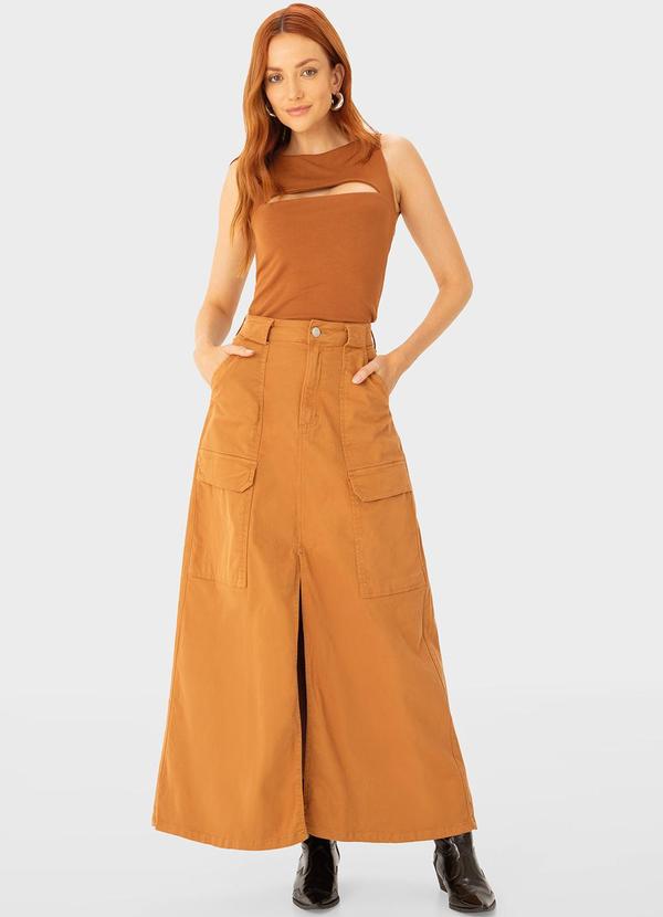 Enfim Saia Longa Evasê Cargo Marrom