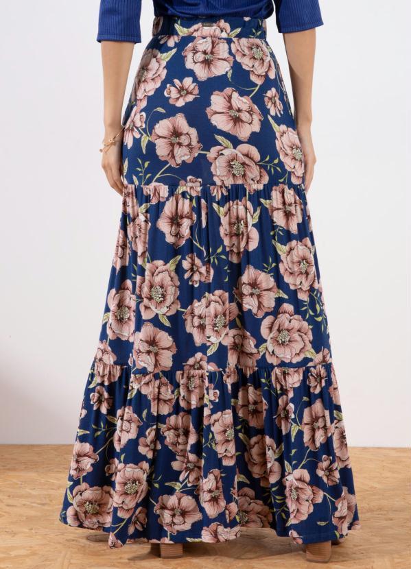 Quintess - Saia Longa Floral Azul com Bolsos e Fendas 2