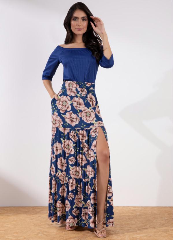Quintess - Saia Longa Floral Azul com Bolsos e Fendas 3