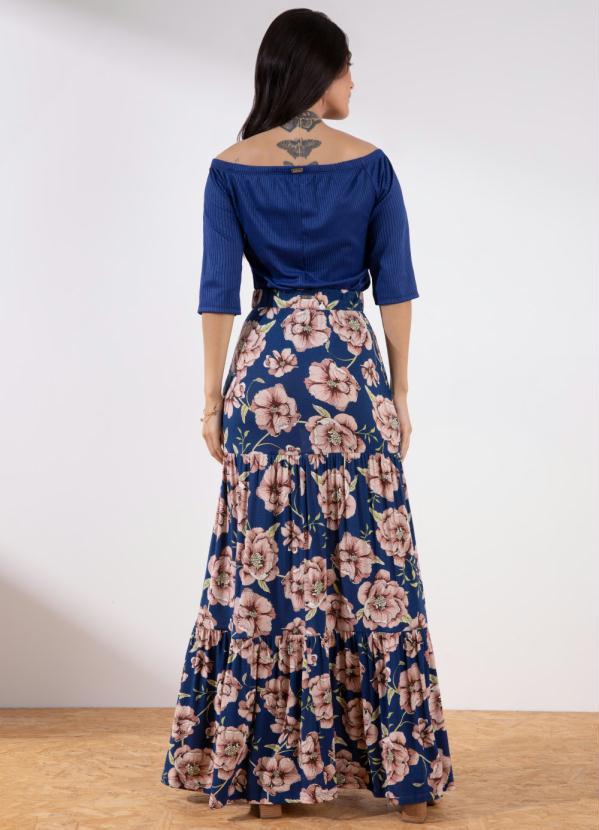 Quintess - Saia Longa Floral Azul com Bolsos e Fendas 4