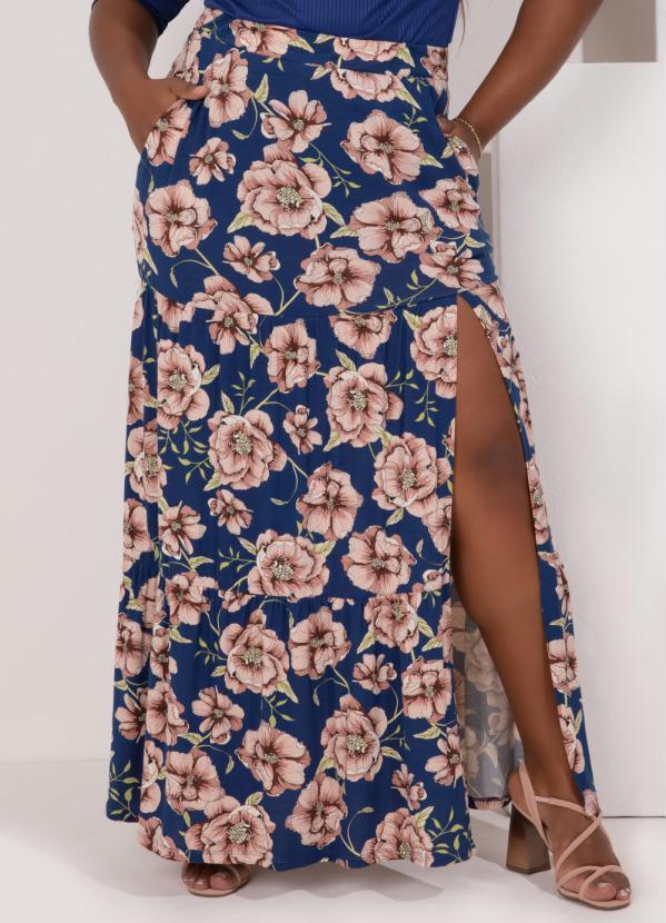 Quintess - Saia Longa Floral Azul com Bolsos e Fendas 5