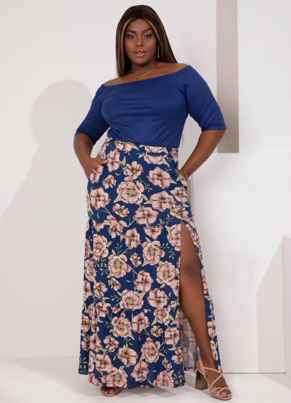 Quintess - Saia Longa Floral Azul com Bolsos e Fendas 7