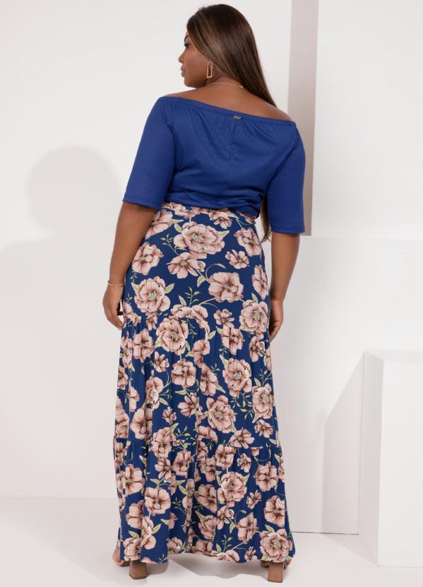 Quintess - Saia Longa Floral Azul com Bolsos e Fendas 8