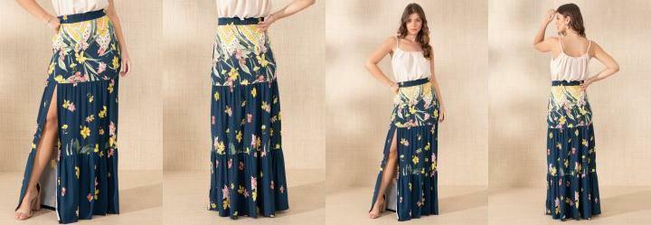 Saia Longa Floral Barrado com Bolsos e Fenda