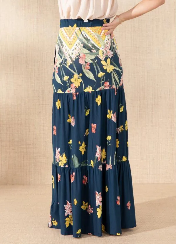 Quintess - Saia Longa Floral Barrado com Bolsos e Fenda 2