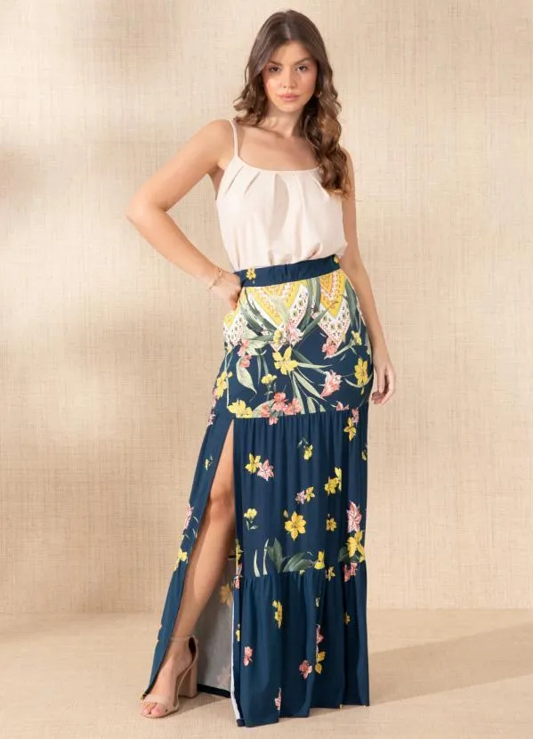 Quintess - Saia Longa Floral Barrado com Bolsos e Fenda 3