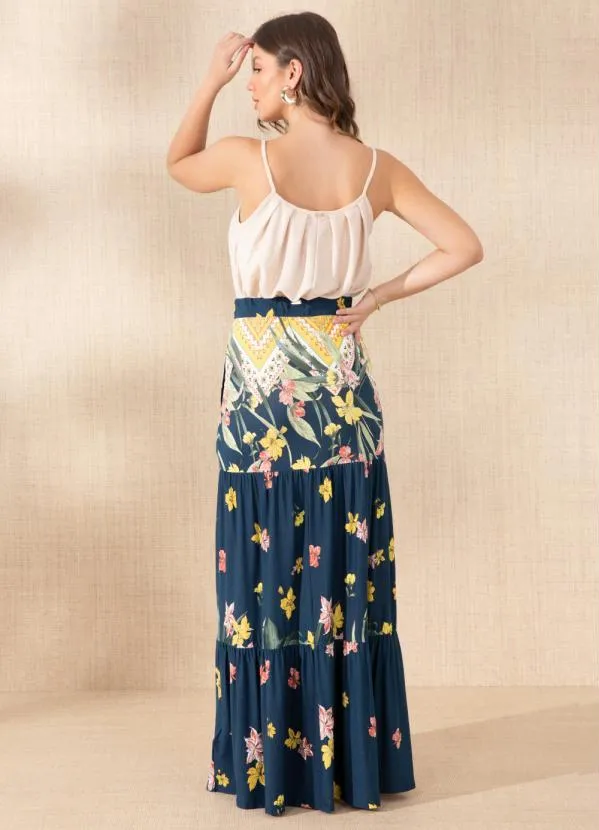 Quintess - Saia Longa Floral Barrado com Bolsos e Fenda 4