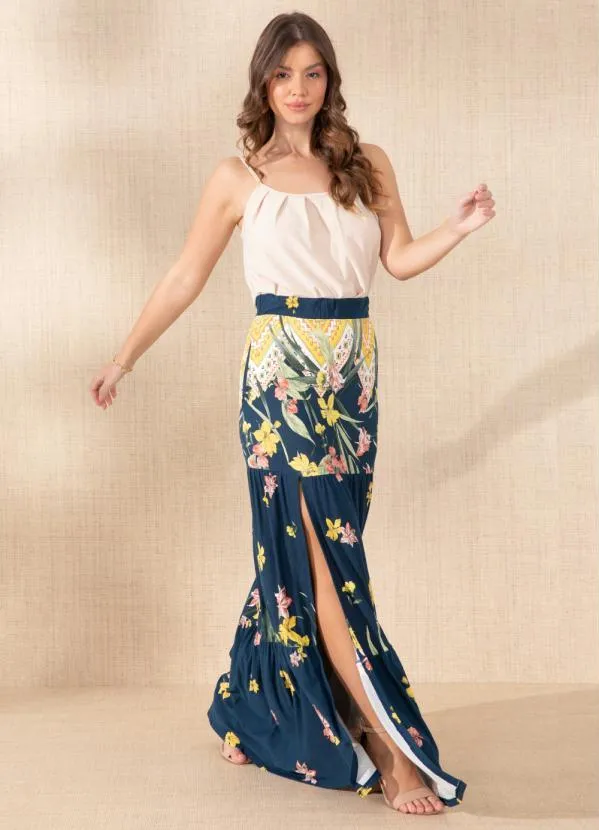 Quintess - Saia Longa Floral Barrado com Bolsos e Fenda