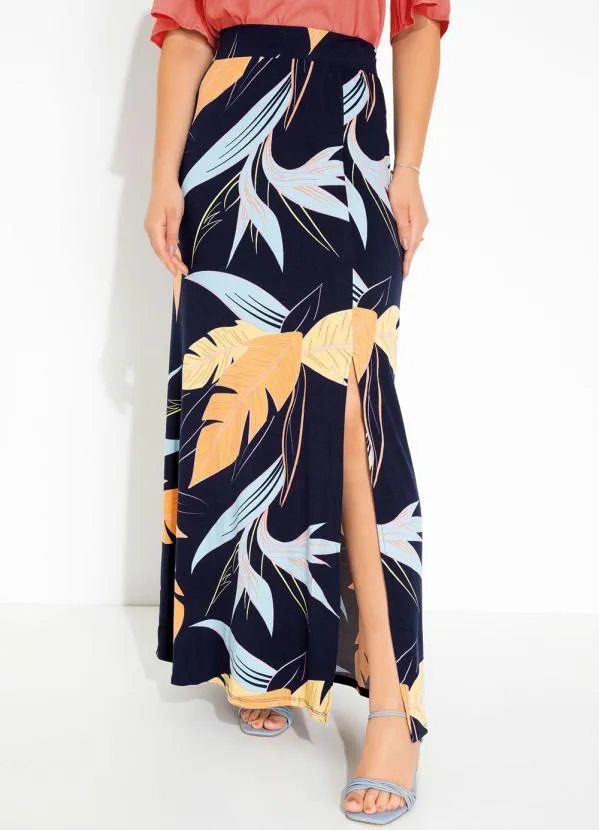 Rovitex - Saia Longa Folhas Marinho com Fenda Rovitex